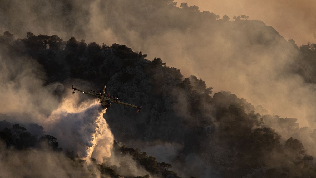A firefighting airplane drops water on a hill near the area of Kehries, near Corinth