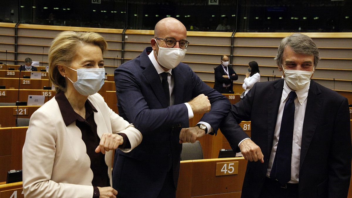 European Commission President Ursula von der Leyen, left, European Council President Charles Michel, centre, and European Parliament President David Sassoli, 23 July 2020.