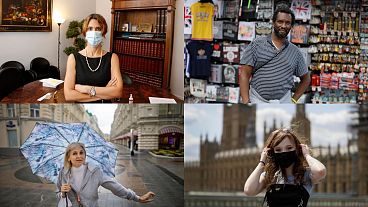 A combination of photographs featuring people who chose to wear and not to wear facial masks as a protective measure against the coronavirus 