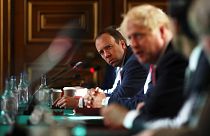 Britain's Health Secretary Matt Hancock (L) and Britain's Prime Minister Boris Johnson at the Foreign and Commonwealth office in London on July 21, 2020.