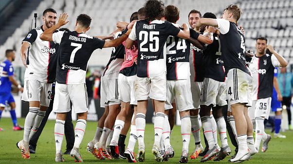 Juventus players celebrate at the end of Serie A soccer match between Juventus and Sampdoria at the Allianz stadium, in Turin. Juventus players celebrate at the end of Serie A soccer match between Juventus and Sampdoria at the Allianz stadium, in Turin.