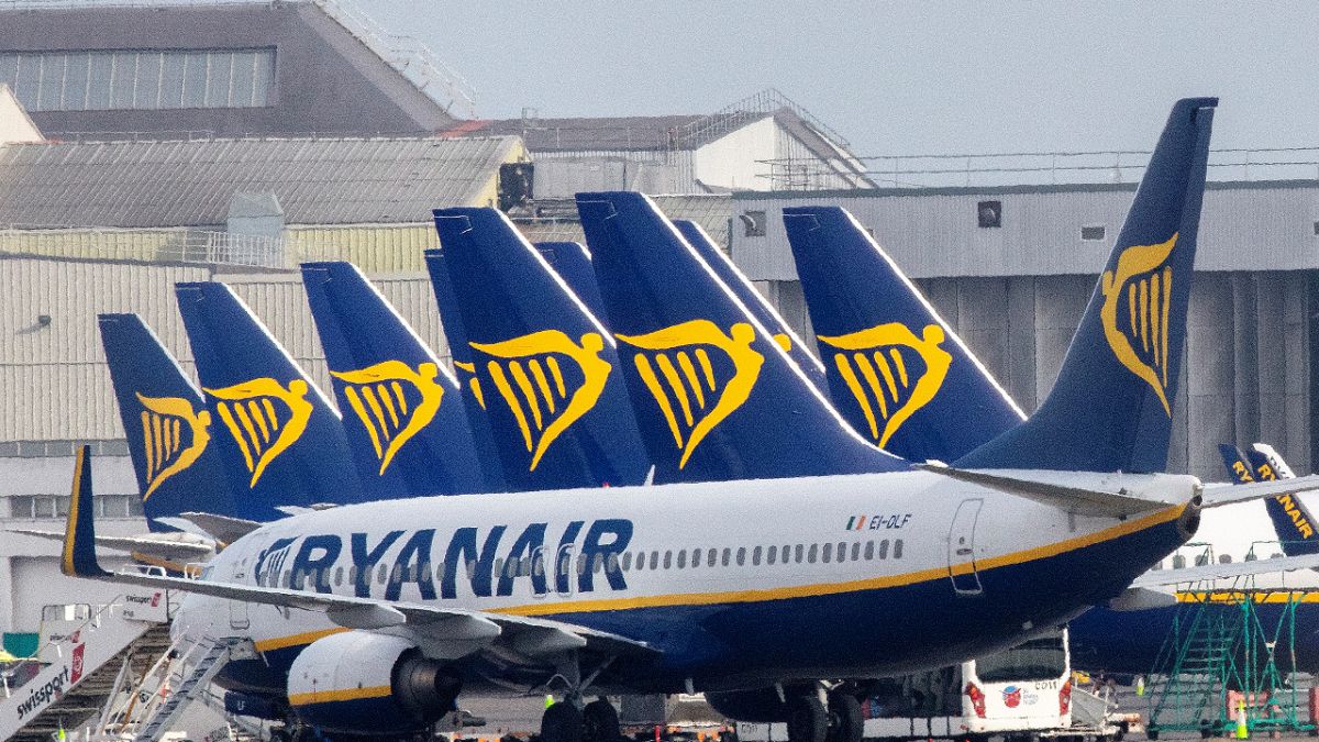  In this file photo taken on March 23, 2020 Ryanair passenger jets are seen on the tarmac at Dublin airport. 