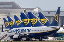  In this file photo taken on March 23, 2020 Ryanair passenger jets are seen on the tarmac at Dublin airport. 