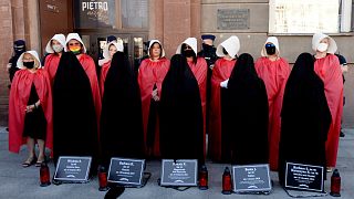 Members of Poland's women's rights organizations protest against plans by government to withdraw from the Istanbul Convention.