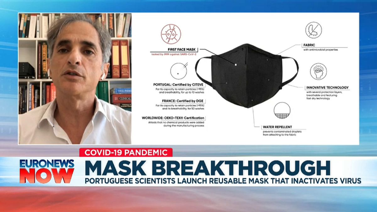 Portuguese virologist Pedro Simas detailing the properties of the face mask