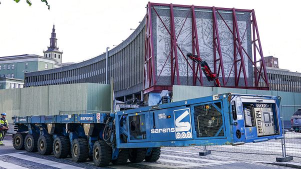 The art work being prepared to be removed from the Y-block in the government quarter in Oslo - July 27, 2020, The art work being prepared to be removed from the Y-block in the government quarter in Oslo - July 27, 2020,