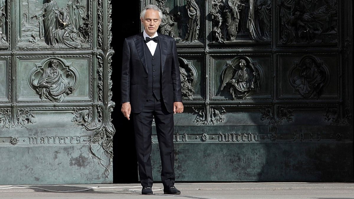 Andrea Bocelli performs outside Milan's Duomo Catherdal on May 26, 2020