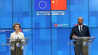 European Council President Charles Michel, and European Commission President Ursula von der Leyen participate in a media conference at the EU-China summit  June 22, 2020.