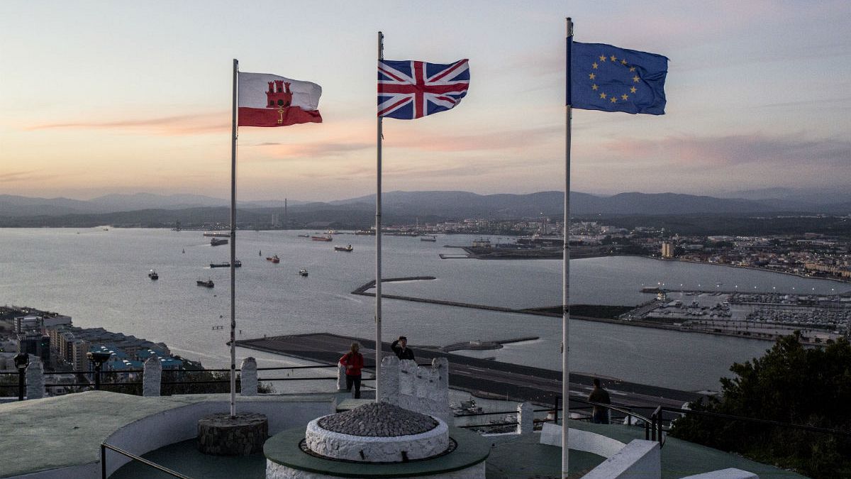 Gibraltar, British and EU flags on the upper rock at the British territory of Gibraltar