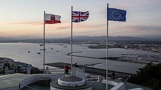 Gibraltar, British and EU flags on the upper rock at the British territory of Gibraltar