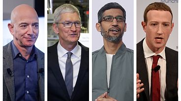 This combination of 2019-2020 photos shows Amazon CEO Jeff Bezos, Apple CEO Tim Cook, Google CEO Sundar Pichai and Facebook CEO Mark Zuckerberg. 