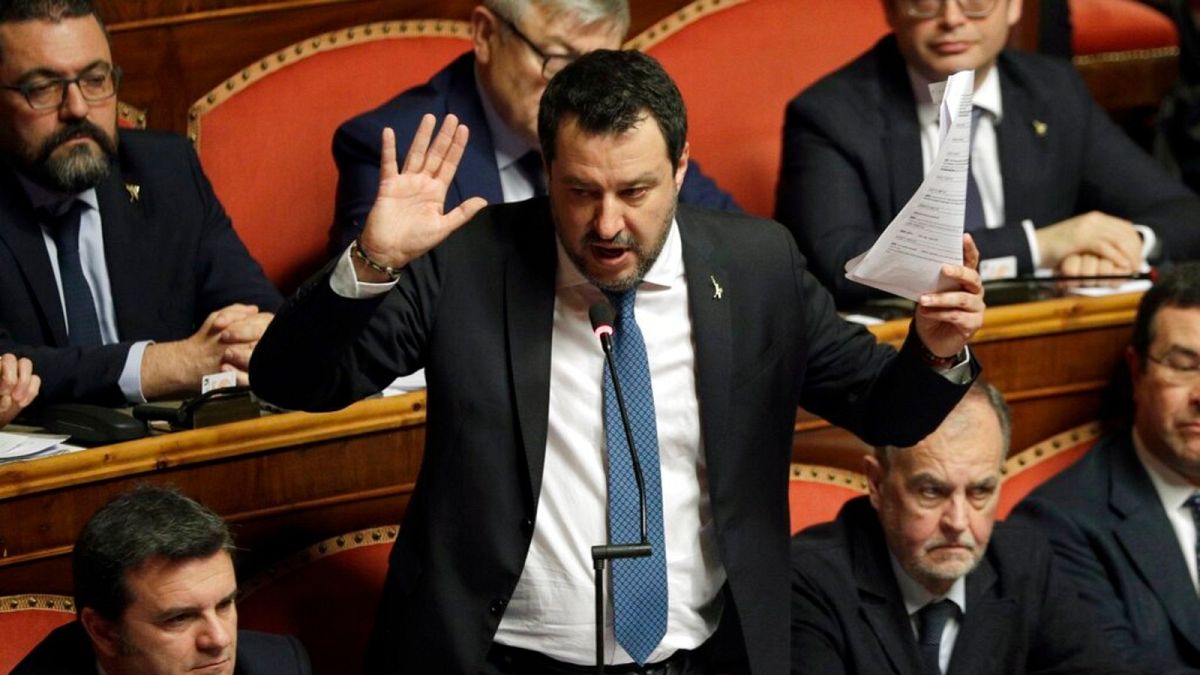 Matteo Salvini in the Italian Senate after it debated whether to allow him to be prosecuted for allegedly detaining migrants aboard a coast guard ship - Rome, Feb. 12, 2020.