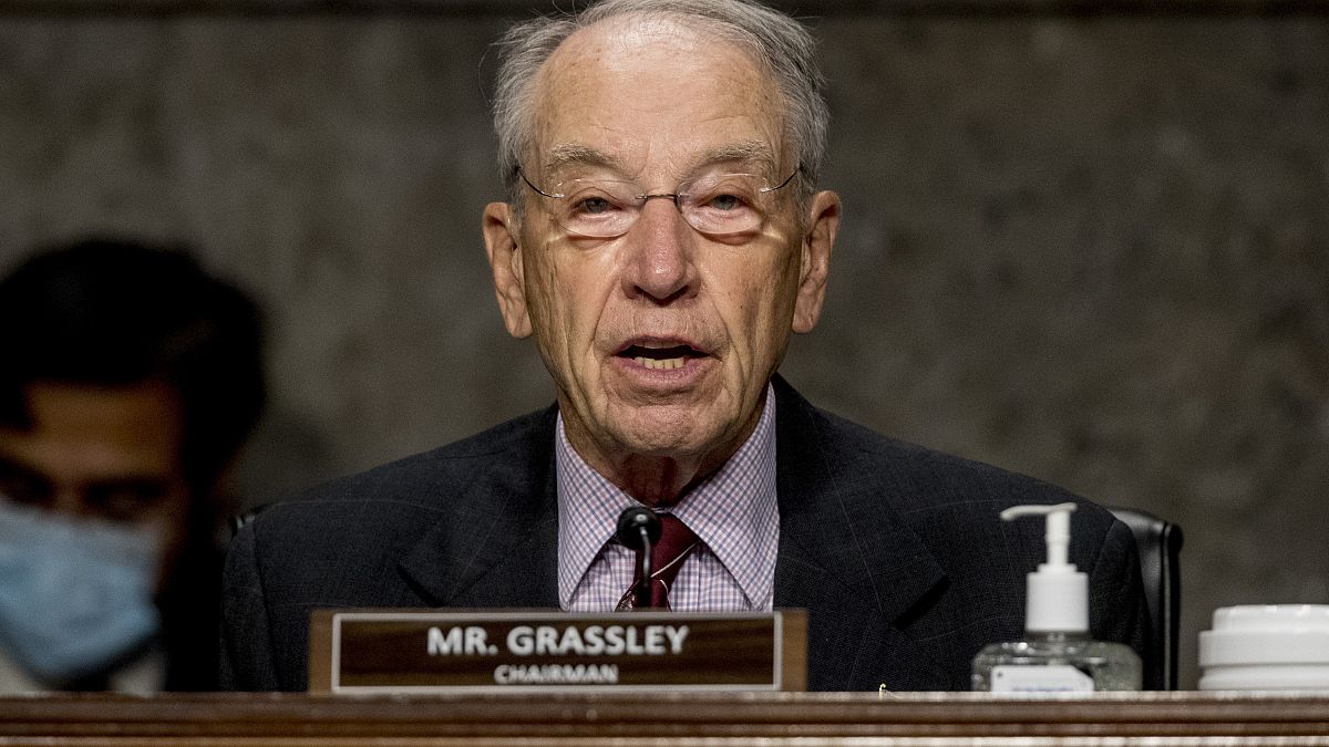 FILE - In this June 17, 2020, file photo, Sen. Chuck Grassley, R-Iowa, speaks during a Senate Finance Committee hearing on U.S. trade on Capitol Hill in Washington. 
