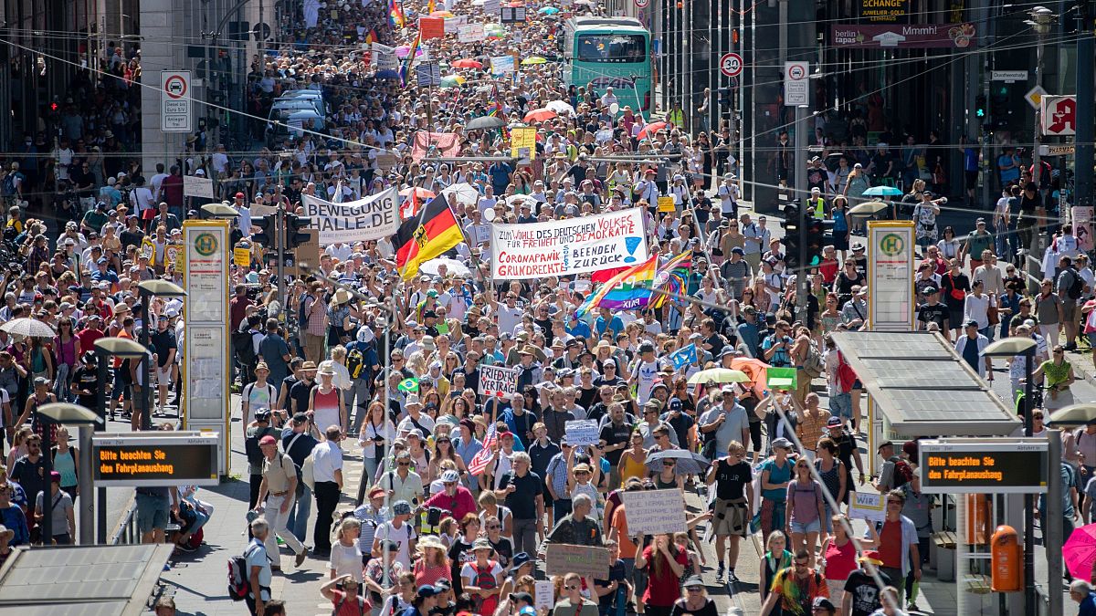 Thousands march along the 'Friedrichstrasse' during the demonstration against coronavirus measures in Berlin