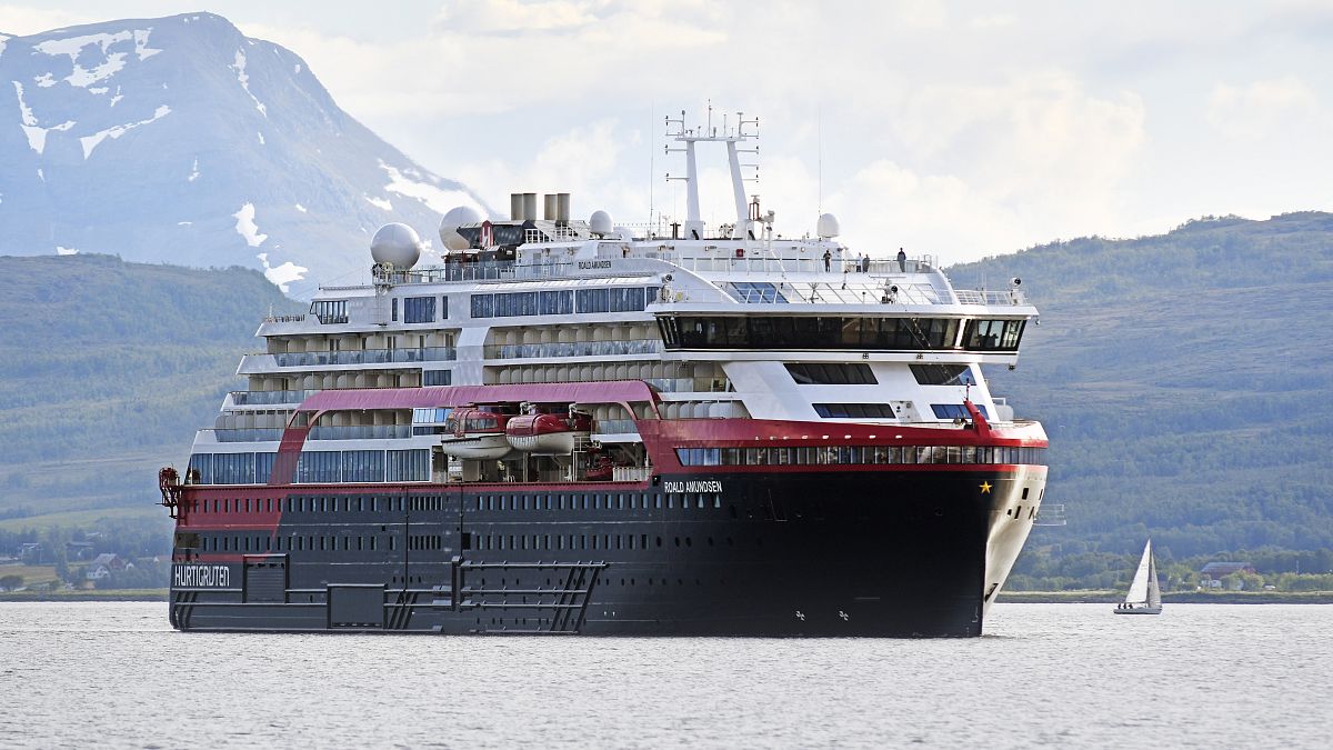 Hurtigruten's MS Roald Amundsen cruise ship in Tromsoe, northern Norway on July 3, 2019.