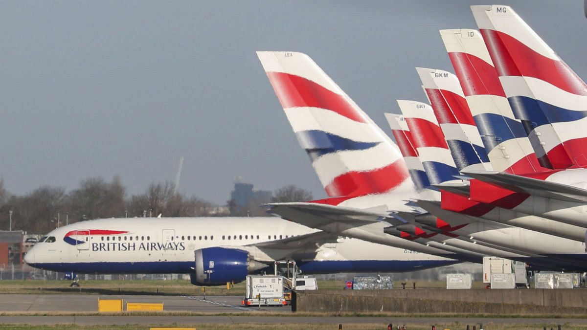 A view of British Airways planes parked at London's Heathrow Airport