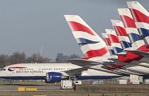 A view of British Airways planes parked at London's Heathrow Airport