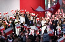 Incumbent President Andrzej Duda addresses supporters in Pultusk, Poland, Sunday, July 12, 2020.