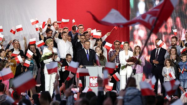 Incumbent President Andrzej Duda addresses supporters in Pultusk, Poland, Sunday, July 12, 2020. Incumbent President Andrzej Duda addresses supporters in Pultusk, Poland, Sunday, July 12, 2020.