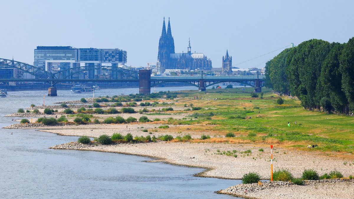 La orilla del Rin durante la marea baja en Colonia, Alemania. Al fondo, la catedral y la zona de Rheinauhafen con los «Edificios Grúa» (Kranhäuser).