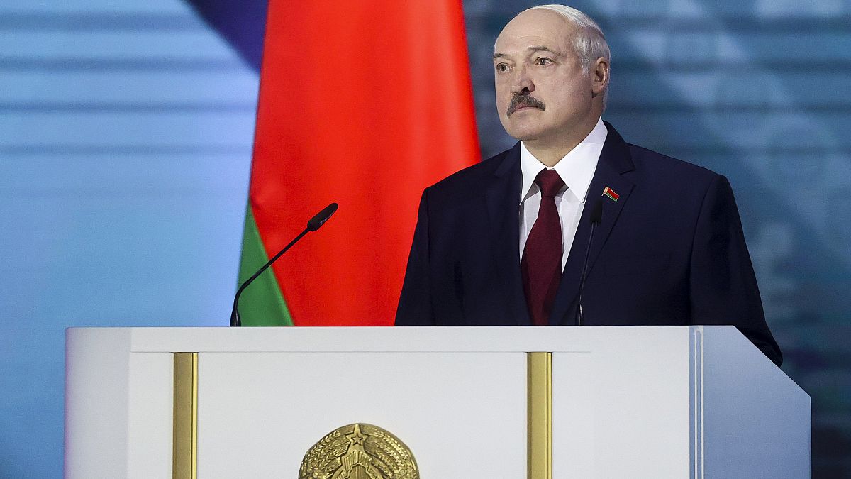 Belarus President Alexander Lukashenko delivers his speech during a state-of-the-nation address ahead of Sunday's election in Minsk, Belarus, Tuesday, Aug. 4, 2020