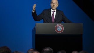 FIFA President Gianni Infantino addresses a meeting of the UEFA governing body in the Netherlands, March 3, 2020.