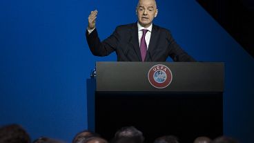 FIFA President Gianni Infantino addresses a meeting of the UEFA governing body in the Netherlands, March 3, 2020.