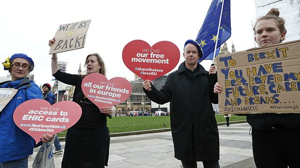 Anti-Brexit demonstrators carry placards and the European Union flag Anti-Brexit demonstrators carry placards and the European Union flag