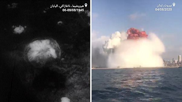 انفجار مرفأ بيروت (يمين) انفجار قنبلة ذرية في ناغازاكي باليابان انفجار مرفأ بيروت (يمين) انفجار قنبلة ذرية في ناغازاكي باليابان