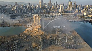 In this drone picture, the destroyed silo sits in rubble and debris after an explosion at the seaport of Beirut, Lebanon, Lebanon, Wednesday, Aug. 5, 2020.