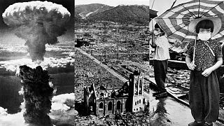 A combination of images showing Hiroshima and Nagasaki after the atomic bombs were dropped by a U.S. Air Force