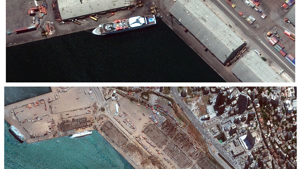 Top photo taken , on July 31, 2020, and the same area on Wednesday, Aug. 5, 2020, Top photo taken , on July 31, 2020, and the same area on Wednesday, Aug. 5, 2020,
