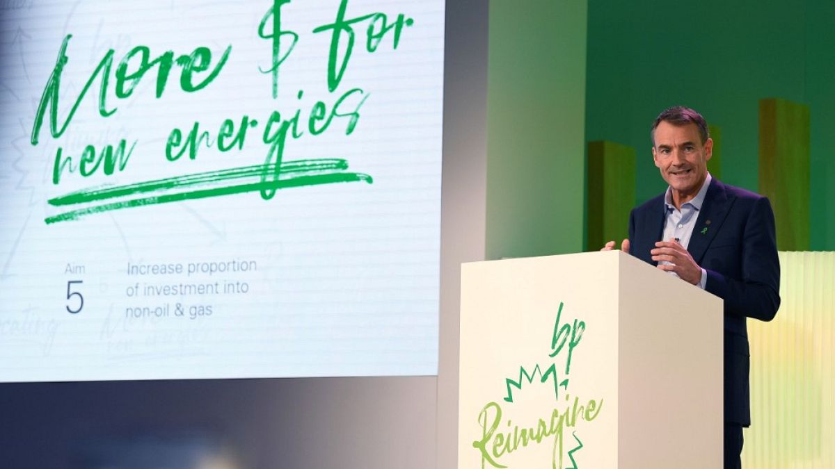 BP CEO Bernard Looney speaks during an event in London on February 12, 2020, where he declared the company's intentions to achieve "net zero" carbon emissions by 2050.