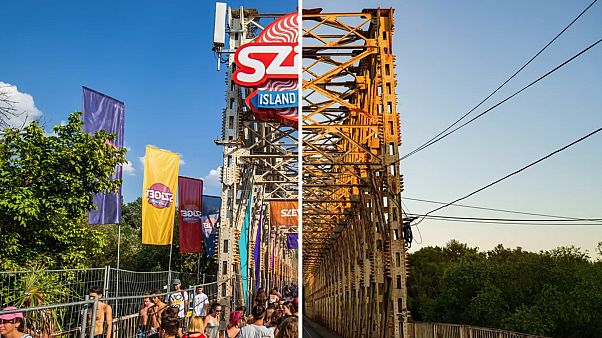 A Sziget bejárata, a híres K-híd a fesztivál ideje alatt és a napokban A Sziget bejárata, a híres K-híd a fesztivál ideje alatt és a napokban