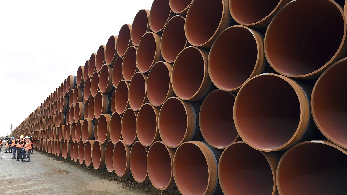 Steel pipes for the North Stream 2 pipeline stacked in Mukran harbour in Sassnitz, Germany.