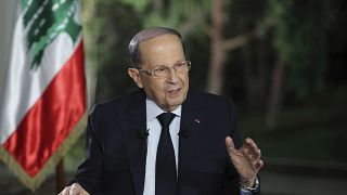 Lebanese President Michel Aoun speaks during a TV interview at the presidential palace, in Baabda, east of Beirut, Lebanon, Tuesday, Nov. 12, 2019.