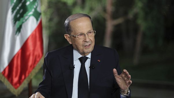 Lebanese President Michel Aoun speaks during a TV interview at the presidential palace, in Baabda, east of Beirut, Lebanon, Tuesday, Nov. 12, 2019.