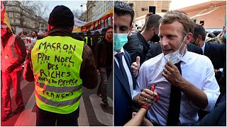 من اليمين الرئيس ماكرون في شوارع بيروت على اليسار أحد متظاهري السترات الصفراء في باريس