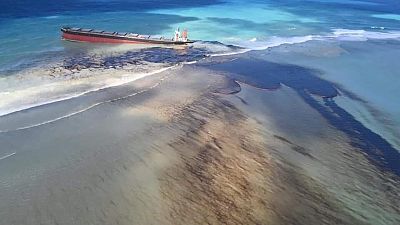 This photo taken and provided by Georges de La Tremoille of Mu Press shows oil leaking from the MV Wakashio, a bulk carrier ship that recently ran aground.