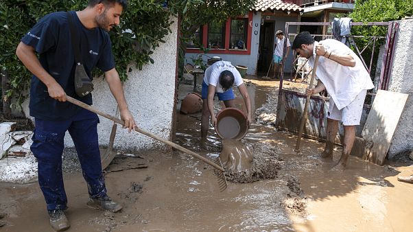Un grupo de vecinos limpian los bajos de su casa en la isla de Eúbea (Grecia) Un grupo de vecinos limpian los bajos de su casa en la isla de Eúbea (Grecia)