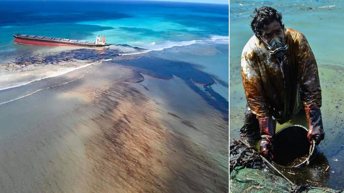 Oil leaks from the MV Wakashio, a bulk carrier ship that ran aground off the southeast coast of Mauritius