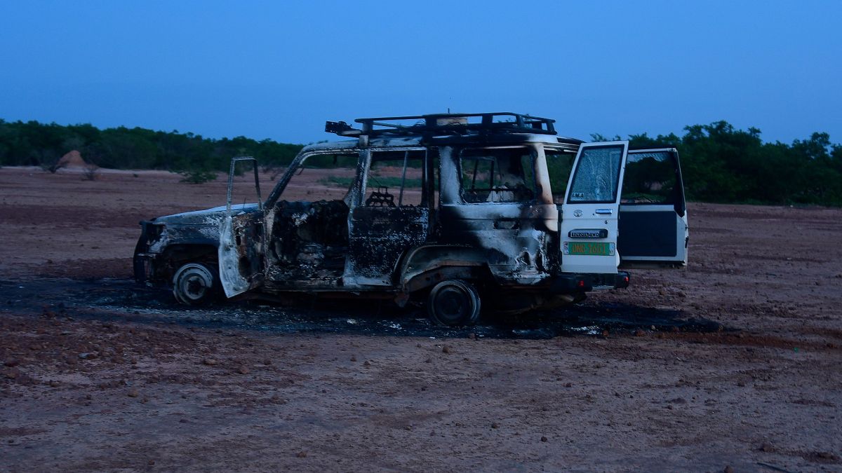This August 9, 2020 image shows the wreckage of the car where six French aid workers, their local guide and the driver were killed by unidentified gunmen in Niger.