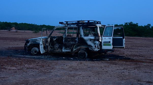 This August 9, 2020 image shows the wreckage of the car where six French aid workers, their local guide and the driver were killed by unidentified gunmen in Niger. This August 9, 2020 image shows the wreckage of the car where six French aid workers, their local guide and the driver were killed by unidentified gunmen in Niger.