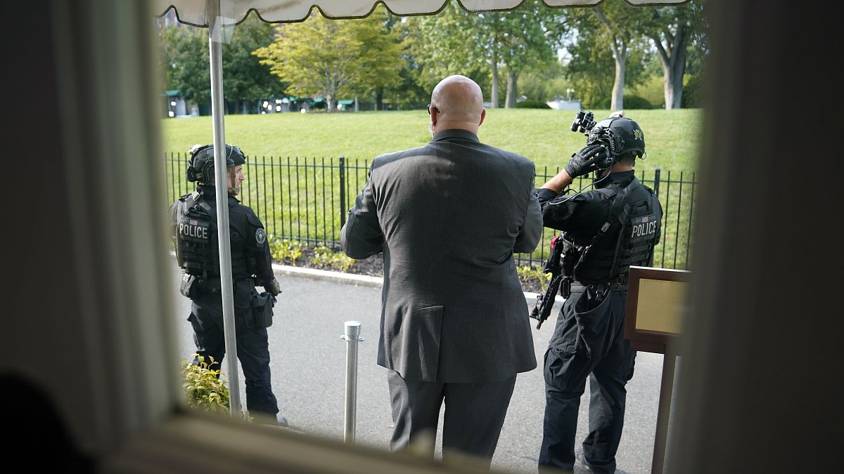 U.S. Secret Service Police stand outside the James Brady Press Briefing Room at the White House, Monday, Aug. 10, 2020.
