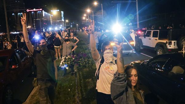 People gather during a mass protest following presidential elections in Minsk, Belarus, Monday, Aug. 10, 2020. People gather during a mass protest following presidential elections in Minsk, Belarus, Monday, Aug. 10, 2020.