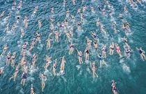 A crowd of wild swimmers in multicoloured caps take to the sea.