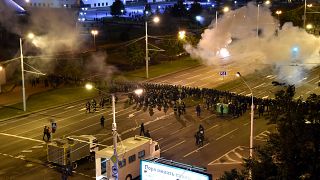 Police block a square during a mass protest following the presidential election in Minsk, Belarus