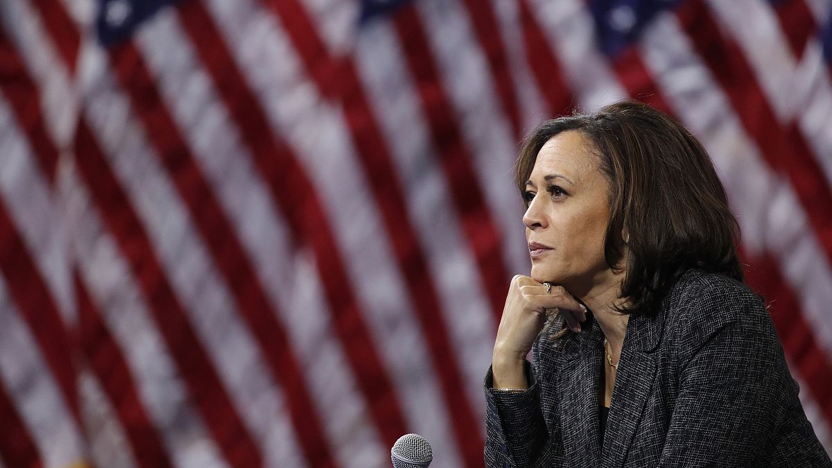 FILE - In this June 2019 photo, then-Democratic presidential candidate Sen. Kamala Harris, D-Calif., listens to questions after the Democratic primary debate in Miami