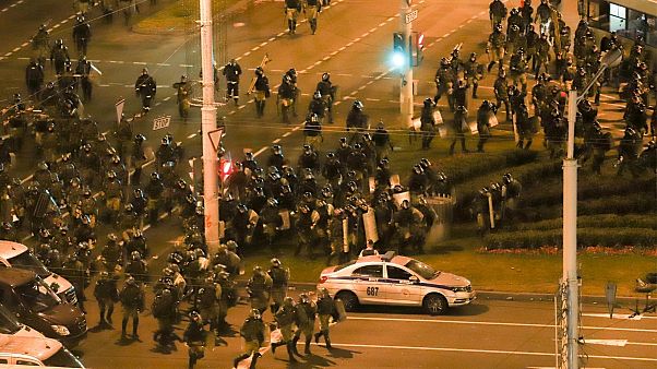 Police move to block demonstrators during a mass rally following the presidential election in Minsk, Belarus, Police move to block demonstrators during a mass rally following the presidential election in Minsk, Belarus,