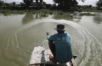 A fisherman casts his net into the Boeung Thom lake on the outskirts of Phnom Penh, Cambodia, Tuesday, Aug. 11, 2020.